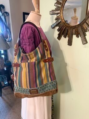 Fossil Multicolor Striped Canvas Shoulder Bag with Leather Trim